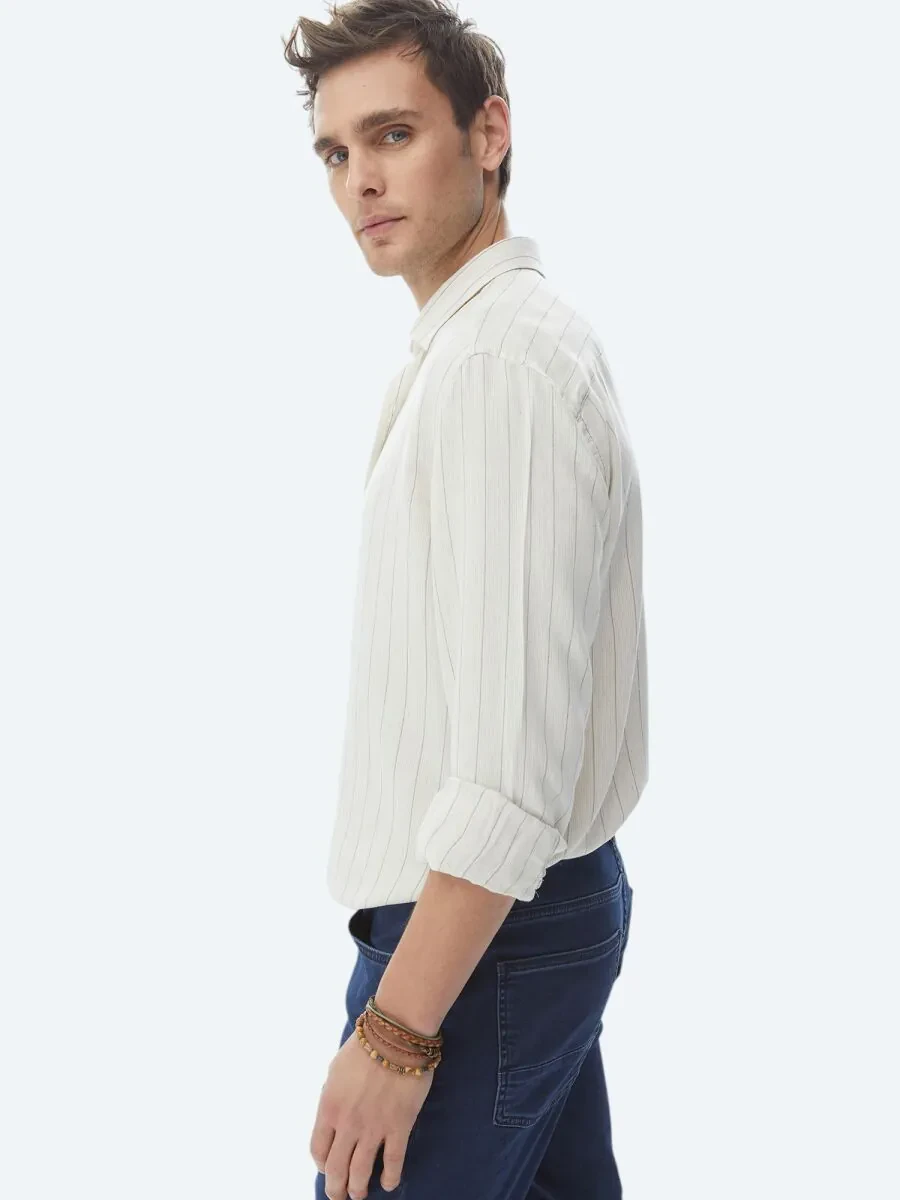 Beige Striped Regular Fit Weaving Casual Linen Blended Shirt - 5