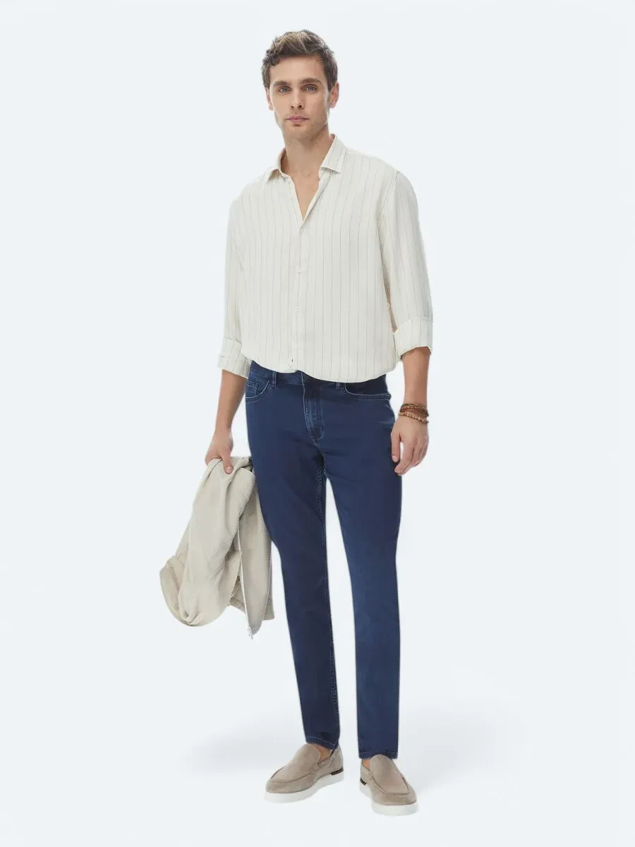 Beige Striped Regular Fit Weaving Casual Linen Blended Shirt - 7
