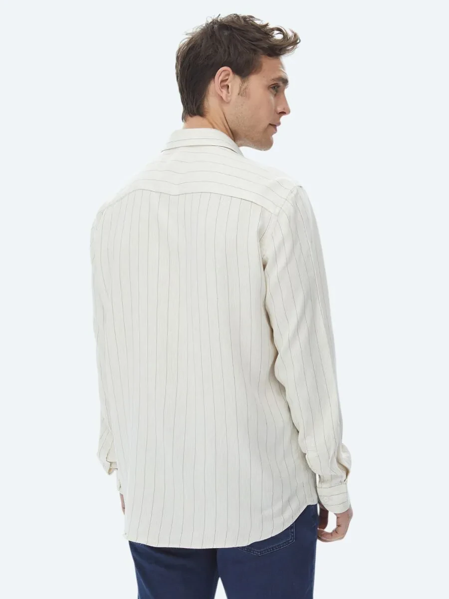 Beige Striped Regular Fit Weaving Casual Linen Blended Shirt - 9