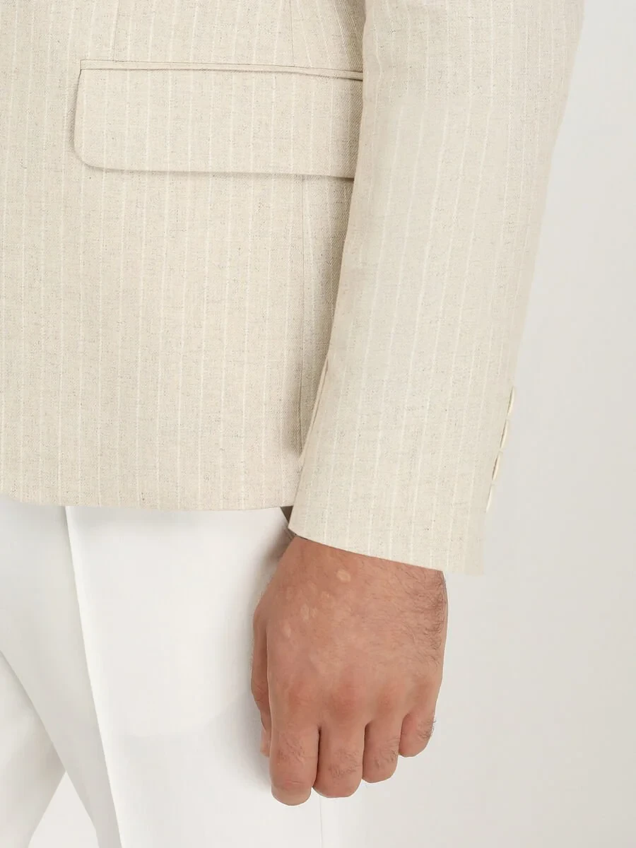 Beige Striped Slim Fit Cotton Blended Jacket - 4