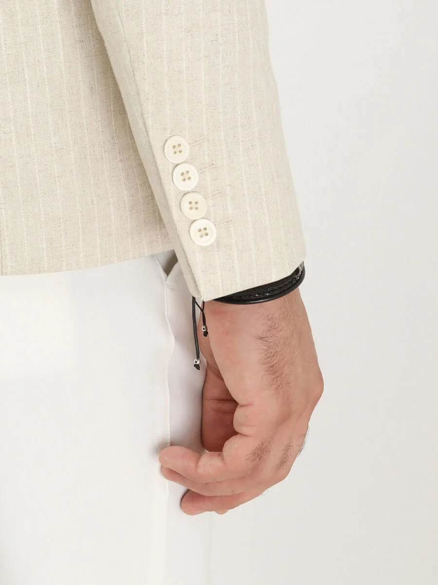 Beige Striped Slim Fit Cotton Blended Jacket - 5