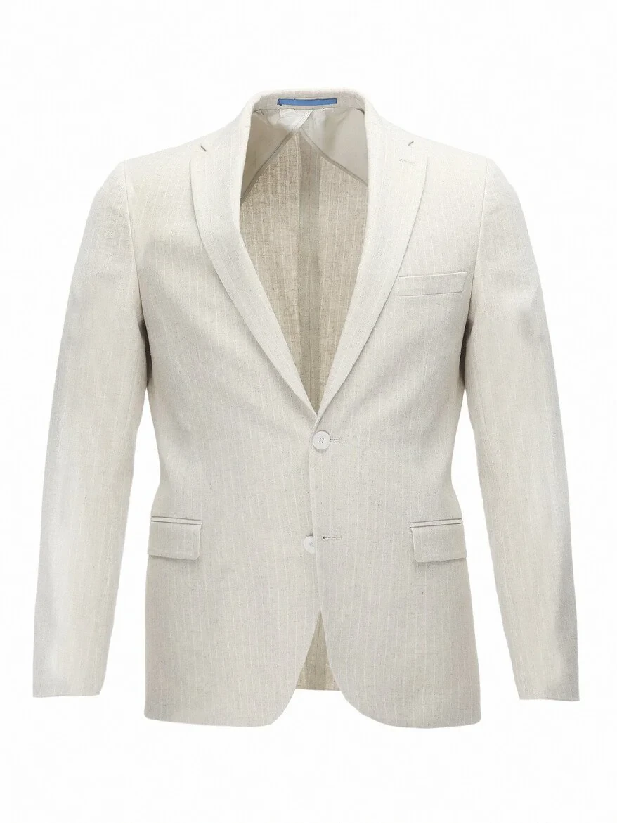 Beige Striped Slim Fit Cotton Blended Jacket - 7