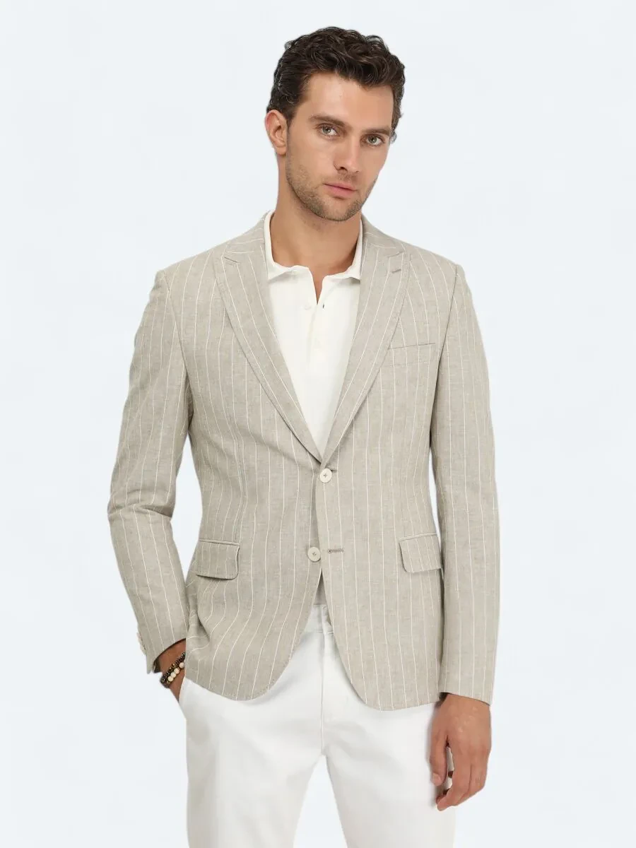 Beige Striped Slim Fit Cotton Blended Jacket - 1