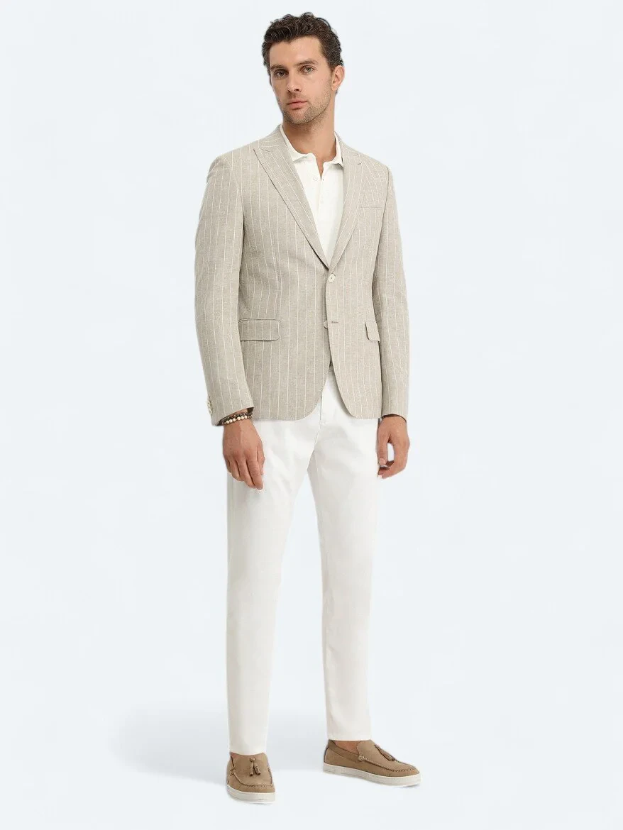 Beige Striped Slim Fit Cotton Blended Jacket - 2
