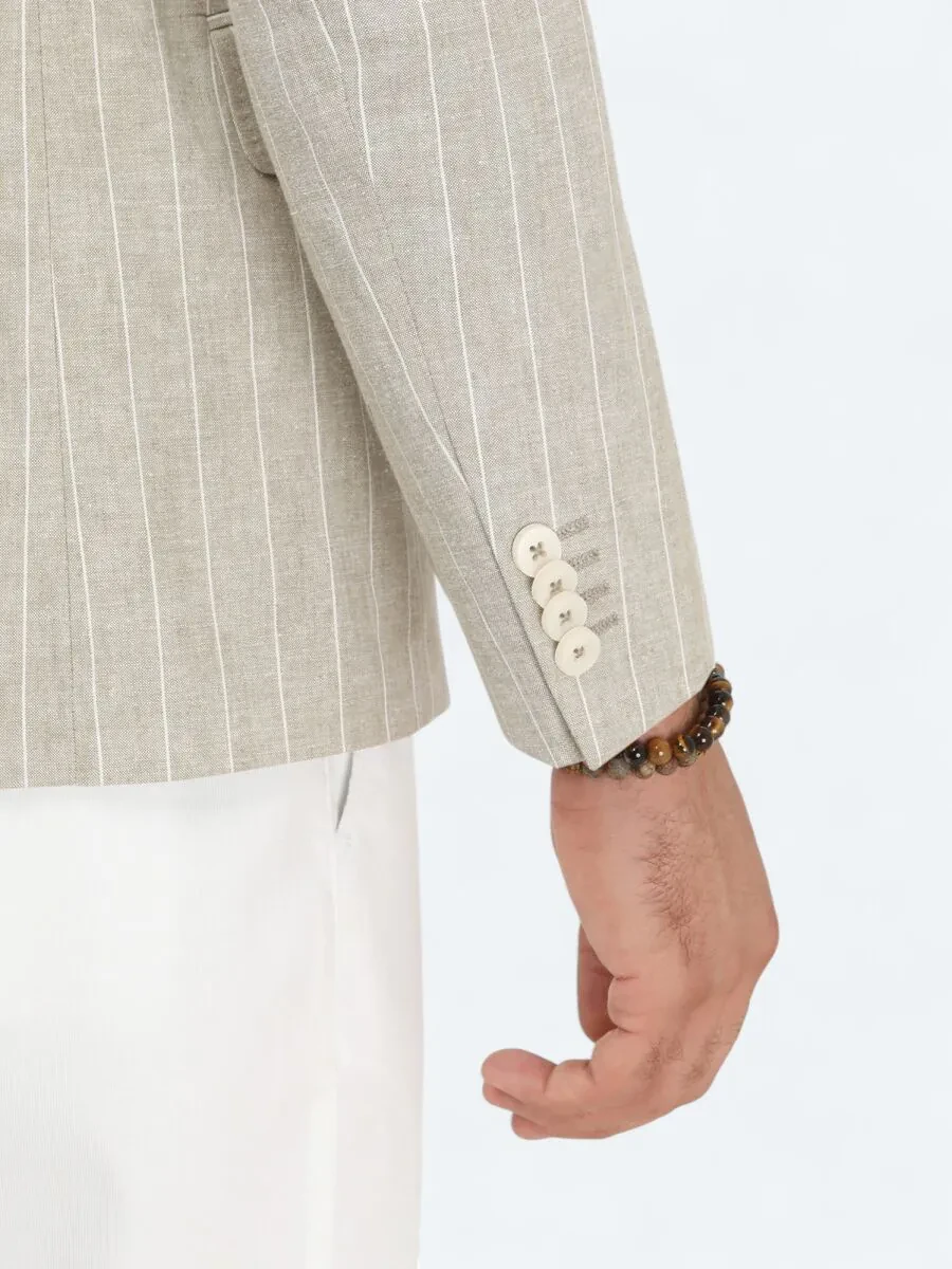 Beige Striped Slim Fit Cotton Blended Jacket - 5