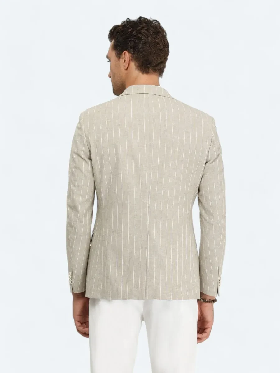 Beige Striped Slim Fit Cotton Blended Jacket - 6