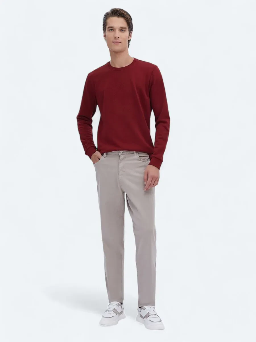 Beige Weaving Carrot Fit Casual Cotton Blended Trousers - 1