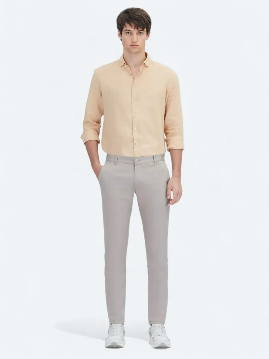 Beige Weaving Casual Cotton Blended Trousers - 1
