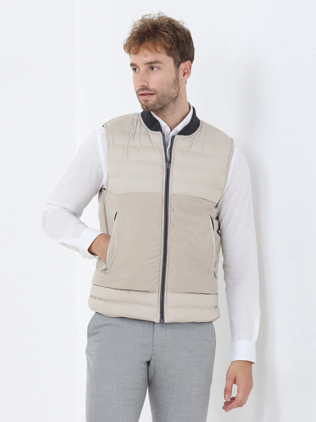 Beige Weaving Puffer Vest - 2