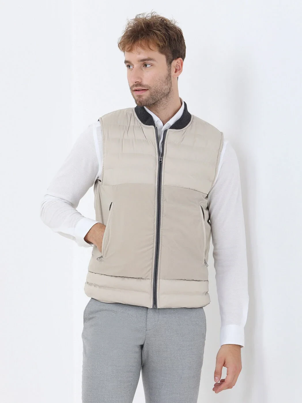 Beige Weaving Puffer Vest - 2