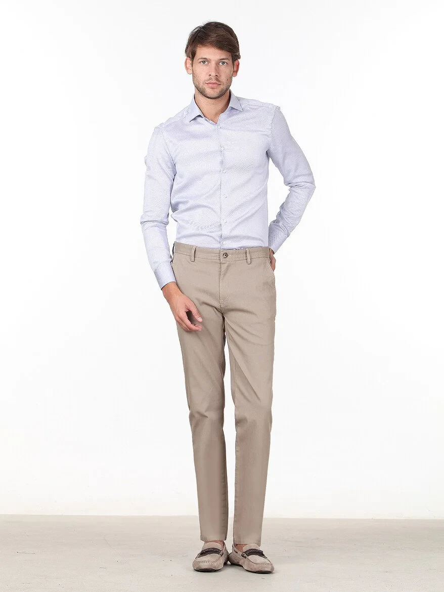 Beige Weaving Regular Fit Casual Cotton Blended Trousers - 2