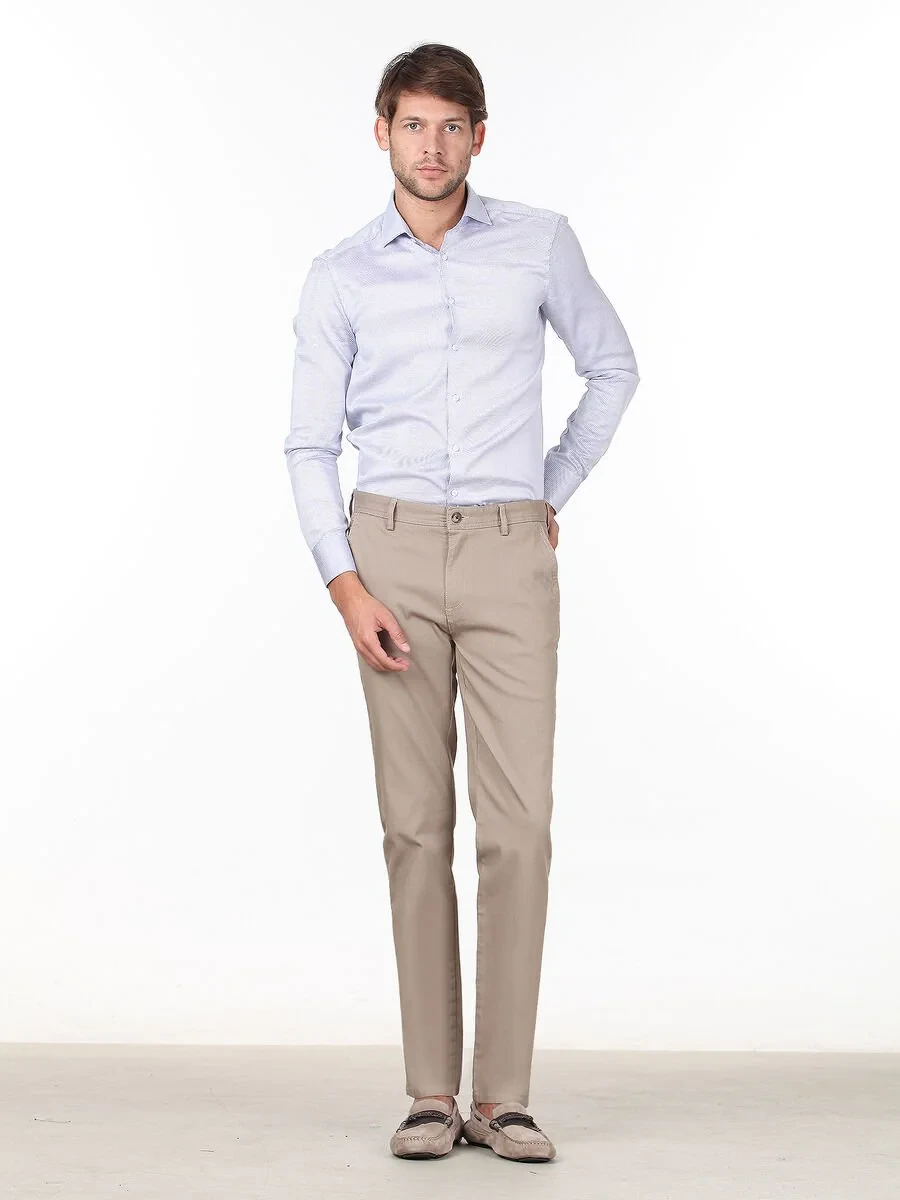 Beige Weaving Regular Fit Casual Cotton Blended Trousers - 2