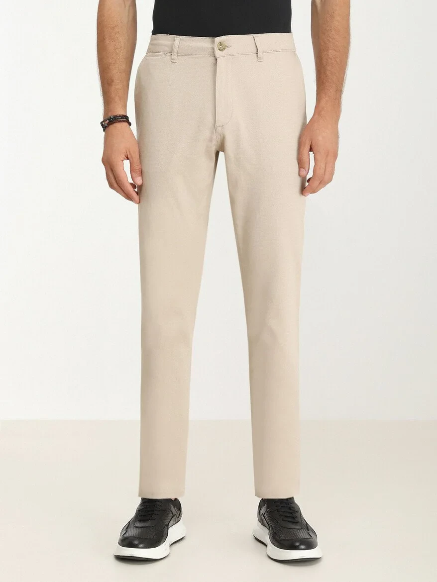 Beige Weaving Regular Fit Casual Cotton Blended Trousers - 1