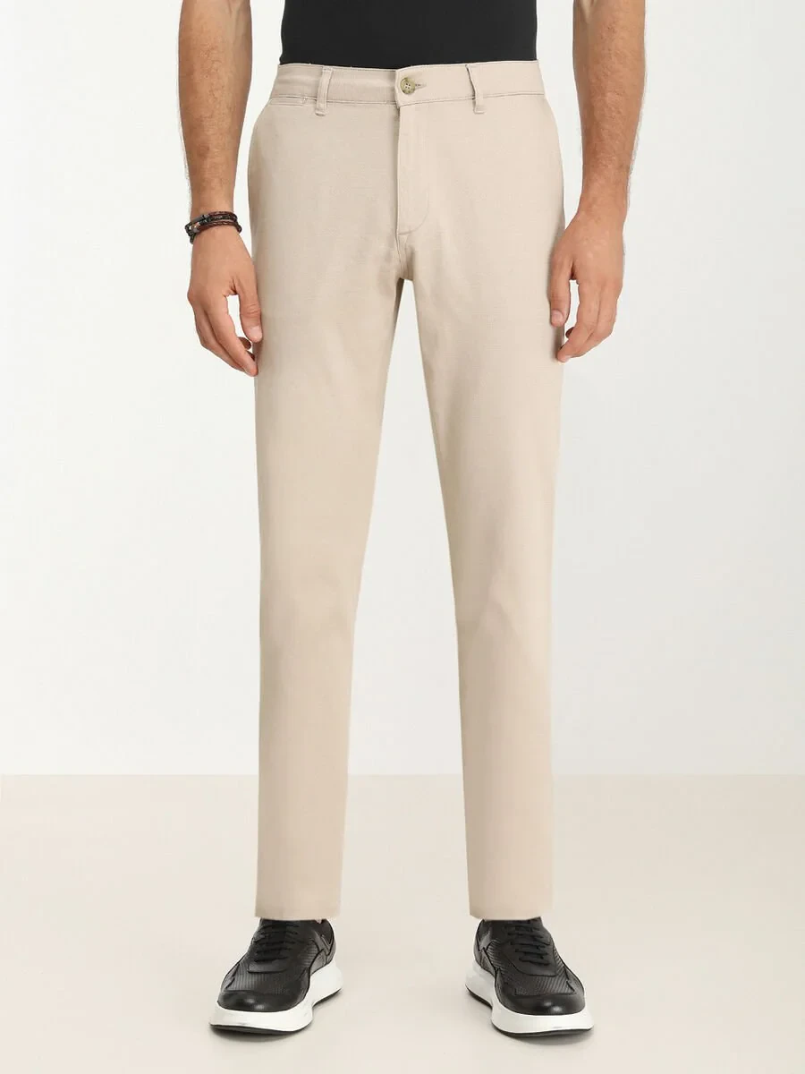 Beige Weaving Regular Fit Casual Cotton Blended Trousers - 1