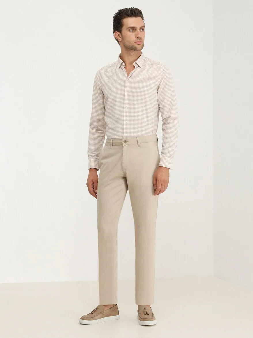 Beige Weaving Regular Fit Casual Cotton Blended Trousers - 2