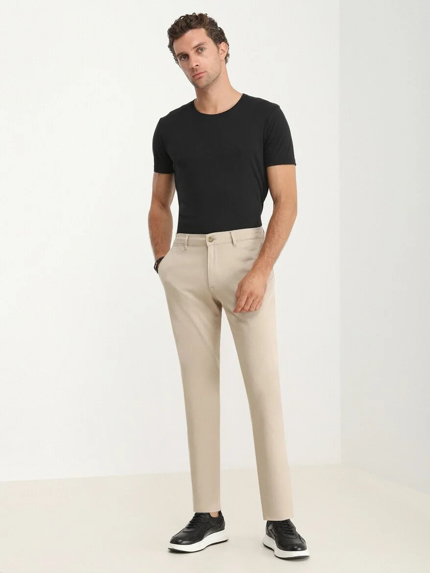 Beige Weaving Regular Fit Casual Cotton Blended Trousers - 3