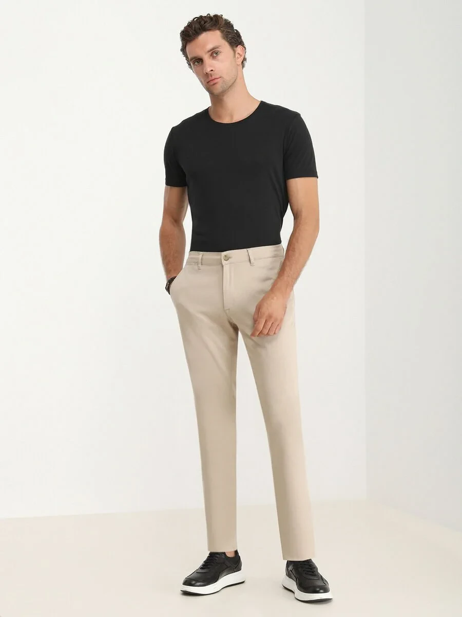 Beige Weaving Regular Fit Casual Cotton Blended Trousers - 3