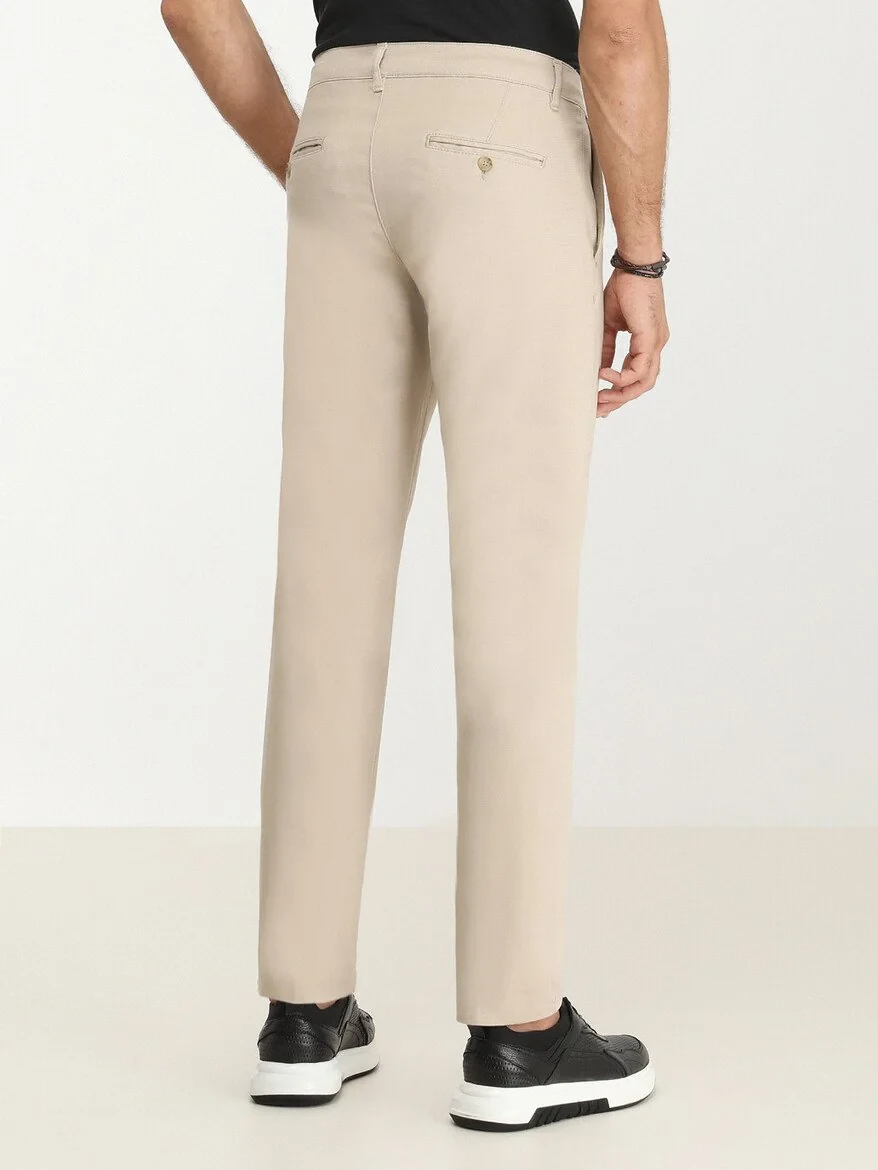 Beige Weaving Regular Fit Casual Cotton Blended Trousers - 5