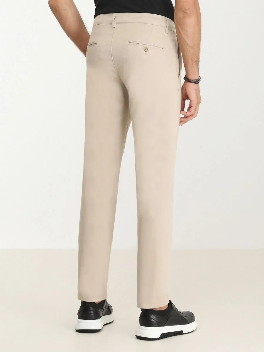 Beige Weaving Regular Fit Casual Cotton Blended Trousers - 5
