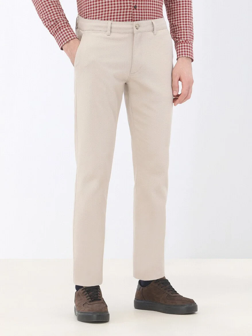 Beige Weaving Regular Fit Casual Cotton Blended Trousers - 1