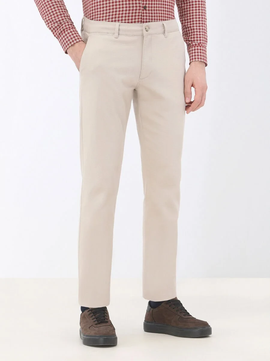 Beige Weaving Regular Fit Casual Cotton Blended Trousers - 1