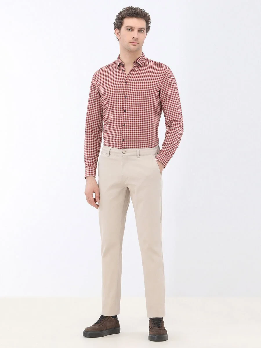 Beige Weaving Regular Fit Casual Cotton Blended Trousers - 2