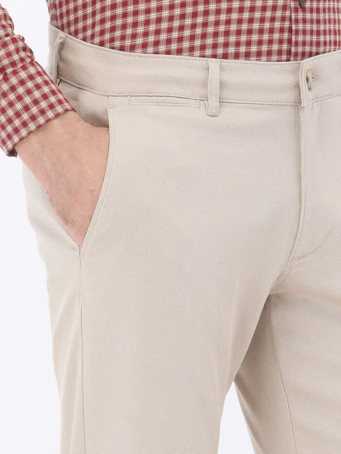 Beige Weaving Regular Fit Casual Cotton Blended Trousers - 3
