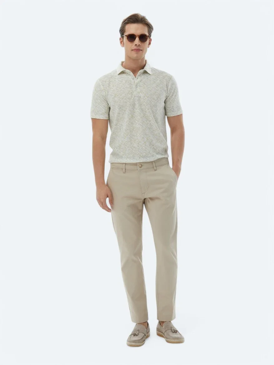 Beige Weaving Regular Fit Casual Cotton Blended Trousers - 1