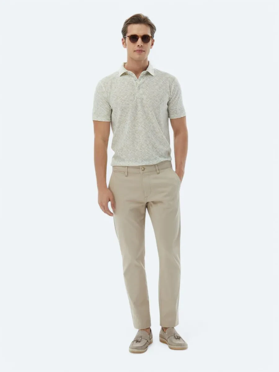 Beige Weaving Regular Fit Casual Cotton Blended Trousers - 1
