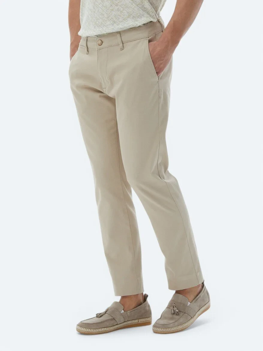Beige Weaving Regular Fit Casual Cotton Blended Trousers - 3