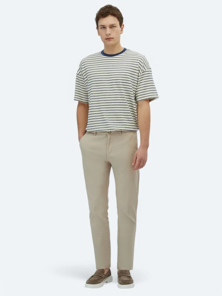 Beige Weaving Regular Fit Casual Cotton Blended Trousers - 1