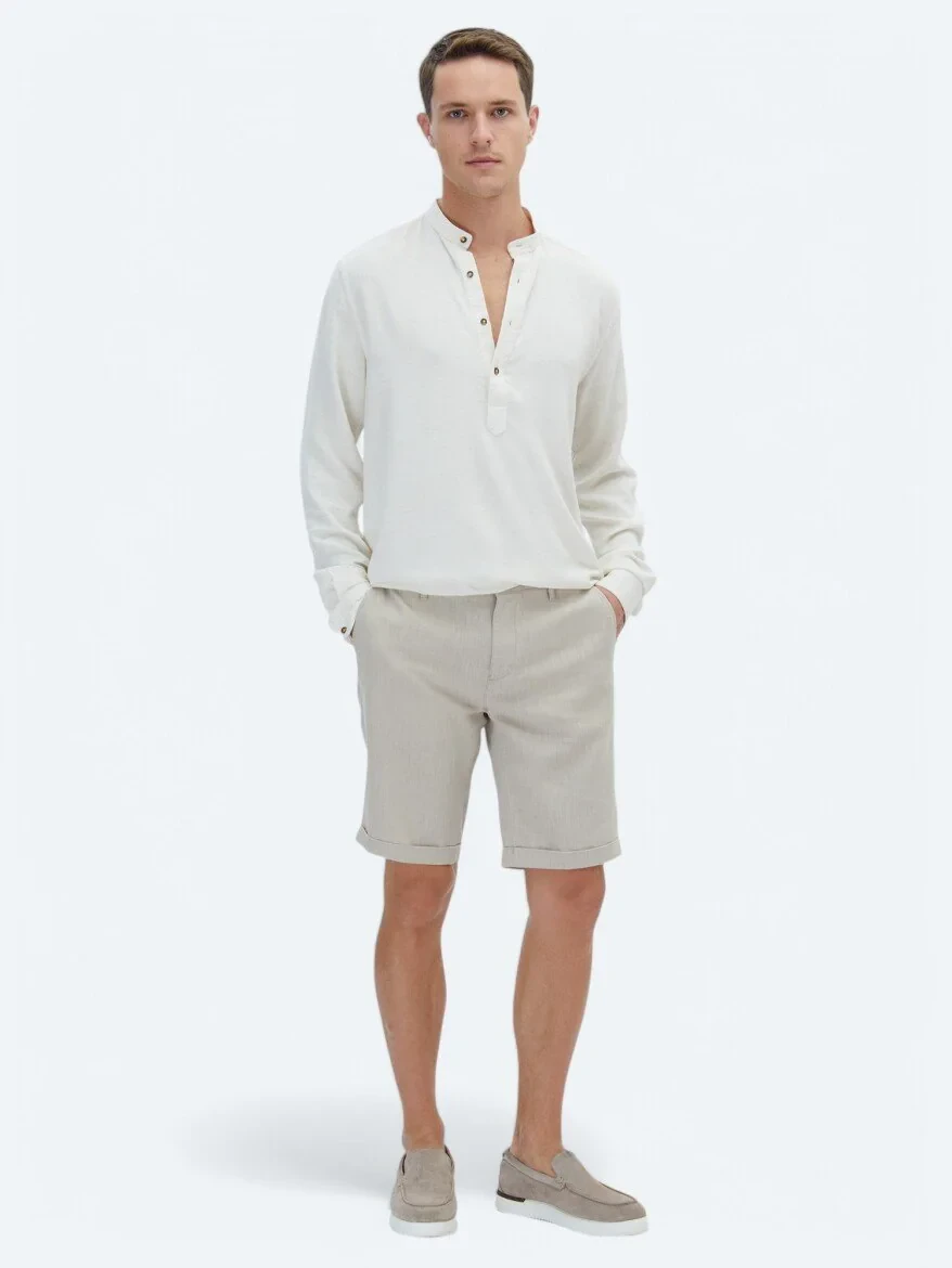 Beige Weaving Slim Fit Casual Bermuda - 1