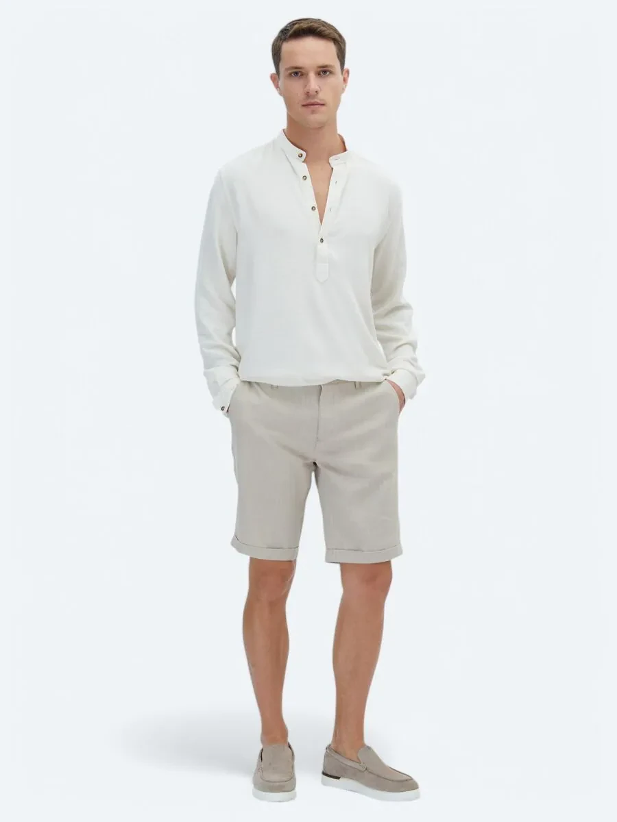 Beige Weaving Slim Fit Casual Bermuda - 1