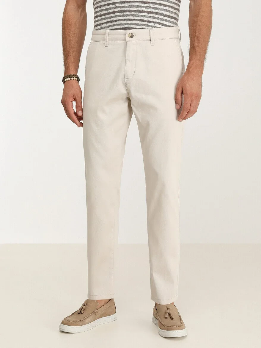 Beige Weaving Slim Fit Casual Cotton Blended Trousers - 1