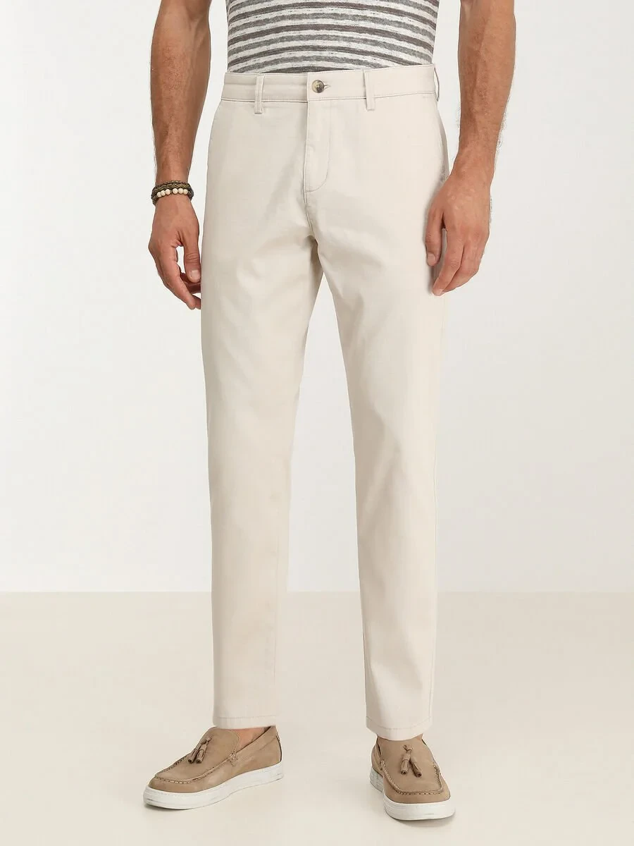 Beige Weaving Slim Fit Casual Cotton Blended Trousers - 1