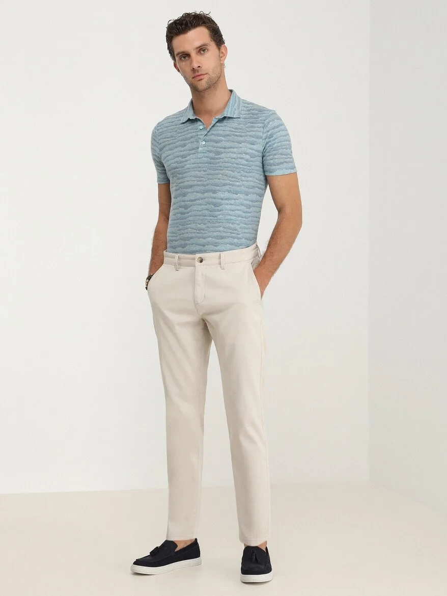 Beige Weaving Slim Fit Casual Cotton Blended Trousers - 2