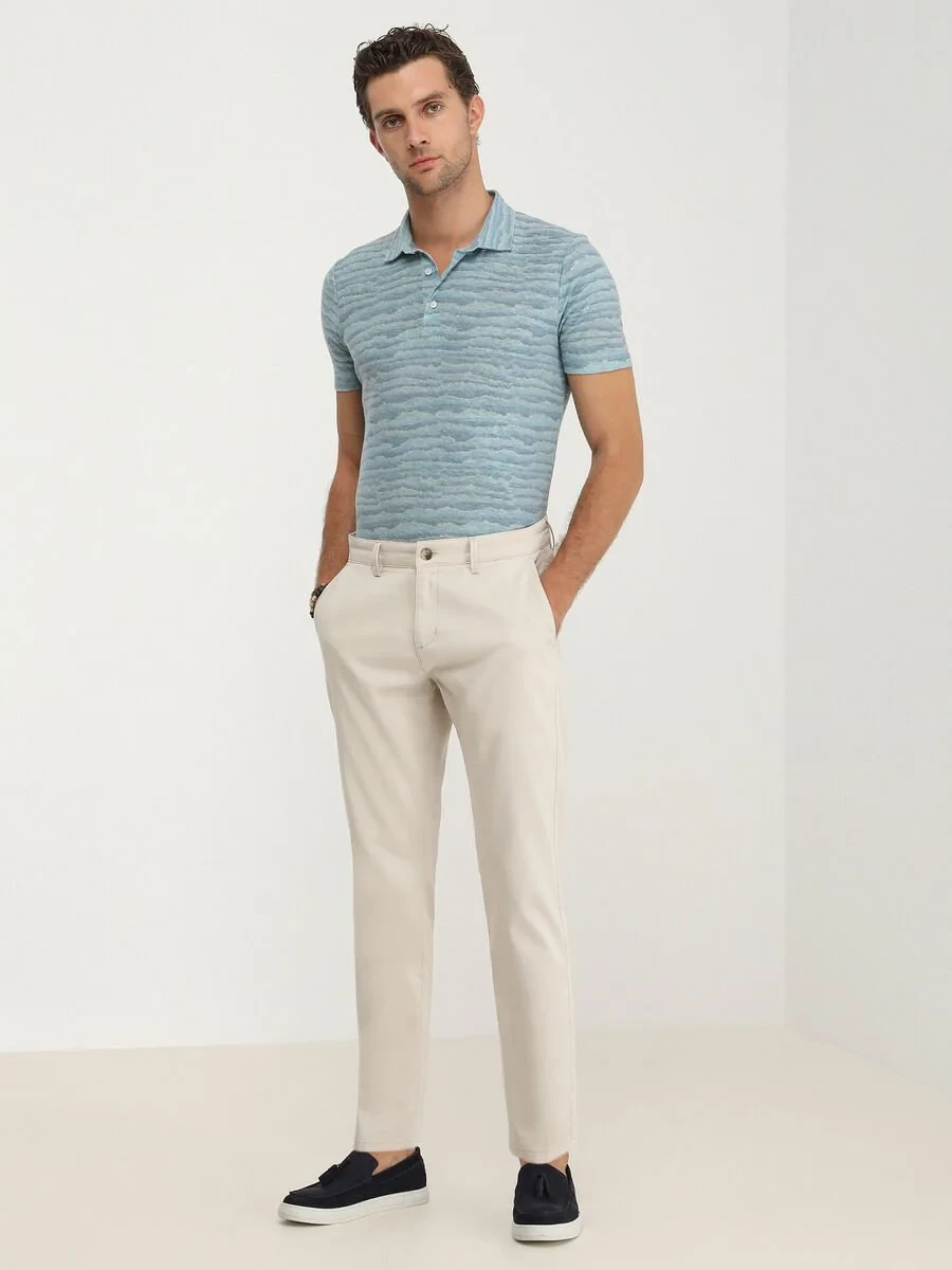 Beige Weaving Slim Fit Casual Cotton Blended Trousers - 2