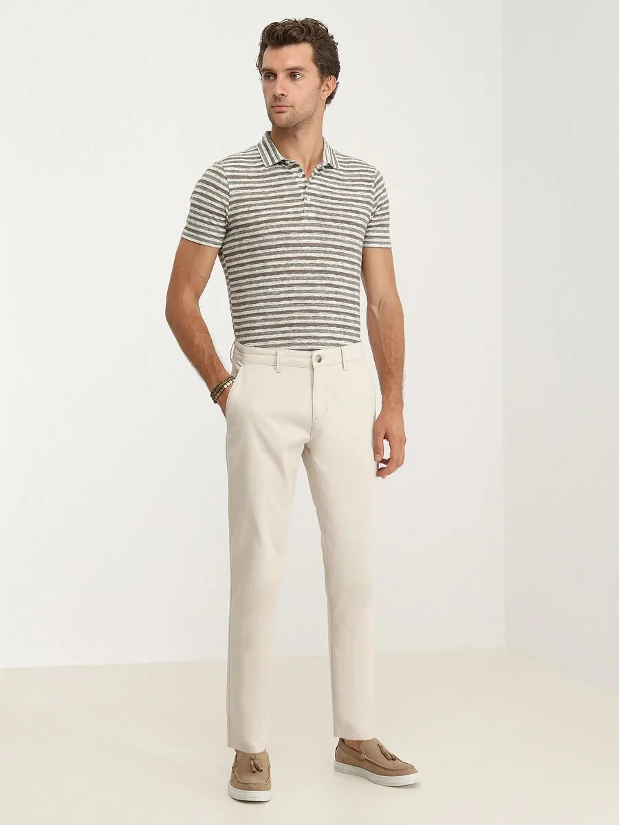 Beige Weaving Slim Fit Casual Cotton Blended Trousers - 3