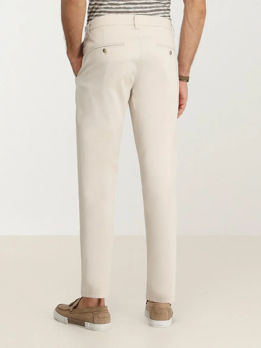 Beige Weaving Slim Fit Casual Cotton Blended Trousers - 5