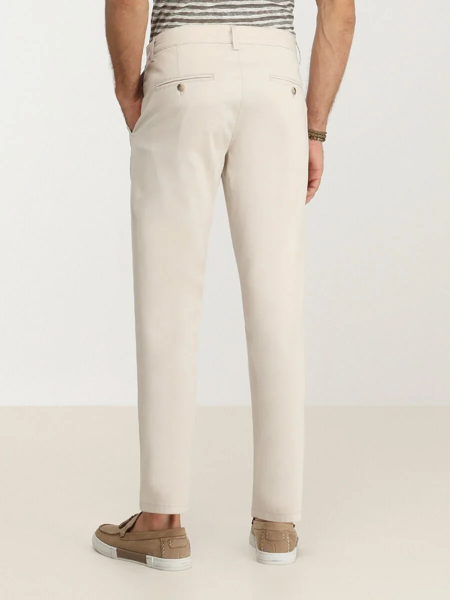 Beige Weaving Slim Fit Casual Cotton Blended Trousers - 5