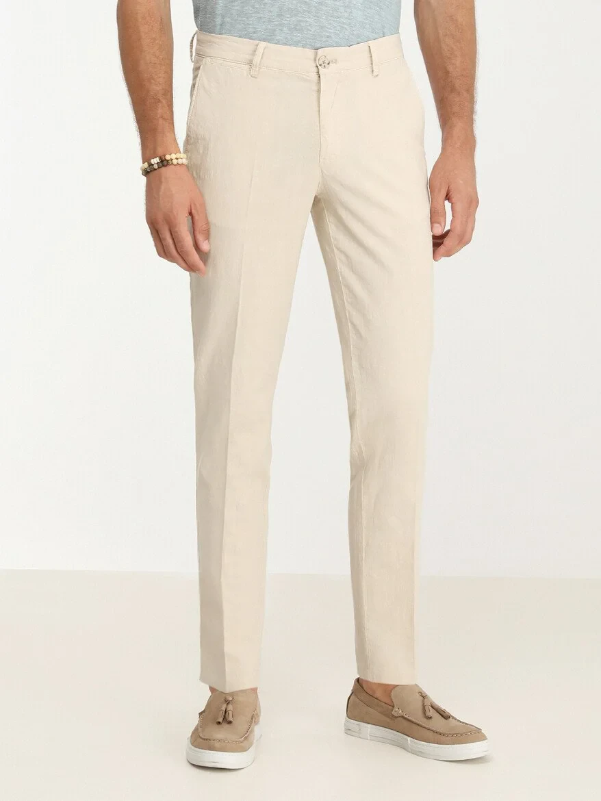 Beige Weaving Slim Fit Casual Cotton Blended Trousers - 1