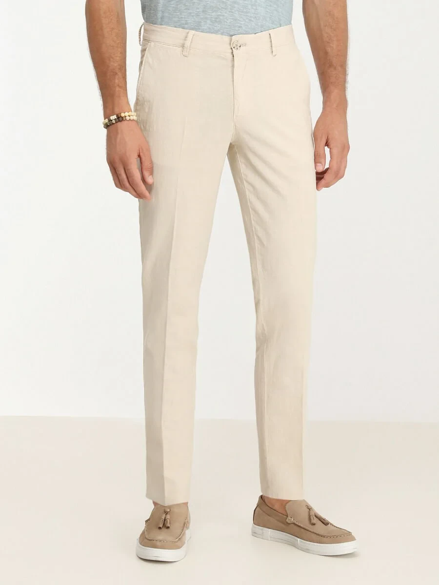 Beige Weaving Slim Fit Casual Cotton Blended Trousers - 1