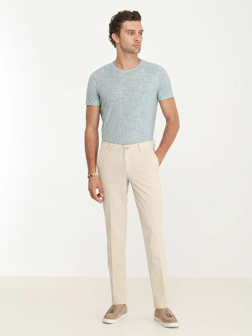 Beige Weaving Slim Fit Casual Cotton Blended Trousers - 2