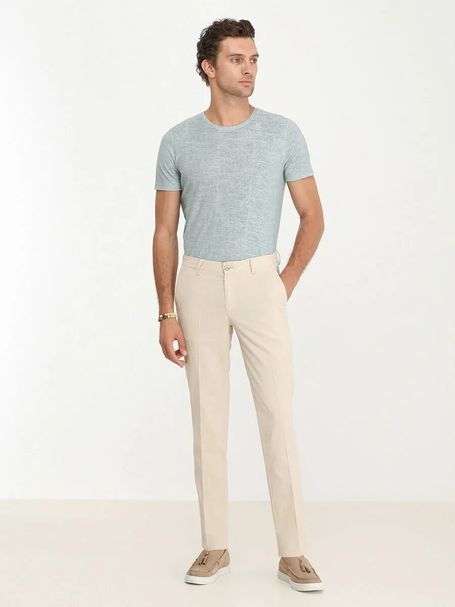 Beige Weaving Slim Fit Casual Cotton Blended Trousers - 2