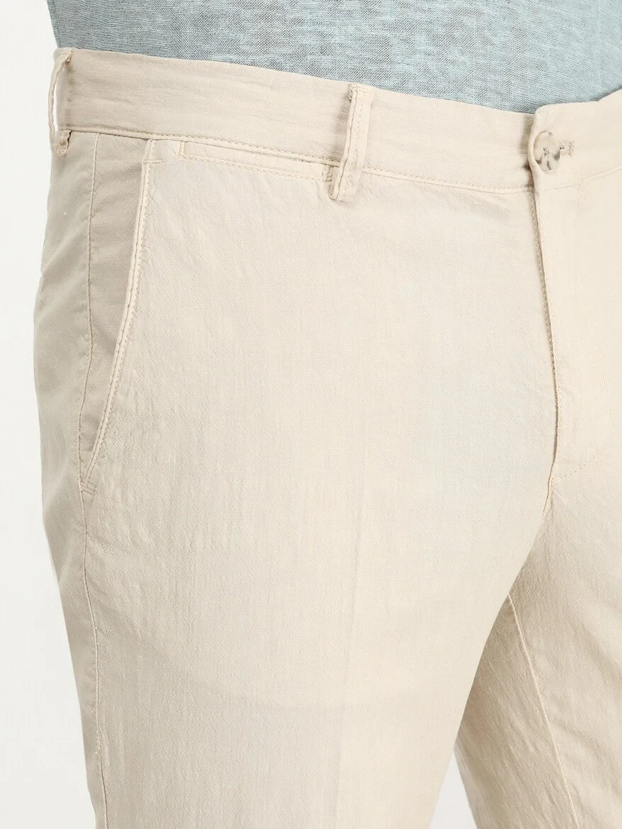 Beige Weaving Slim Fit Casual Cotton Blended Trousers - 3