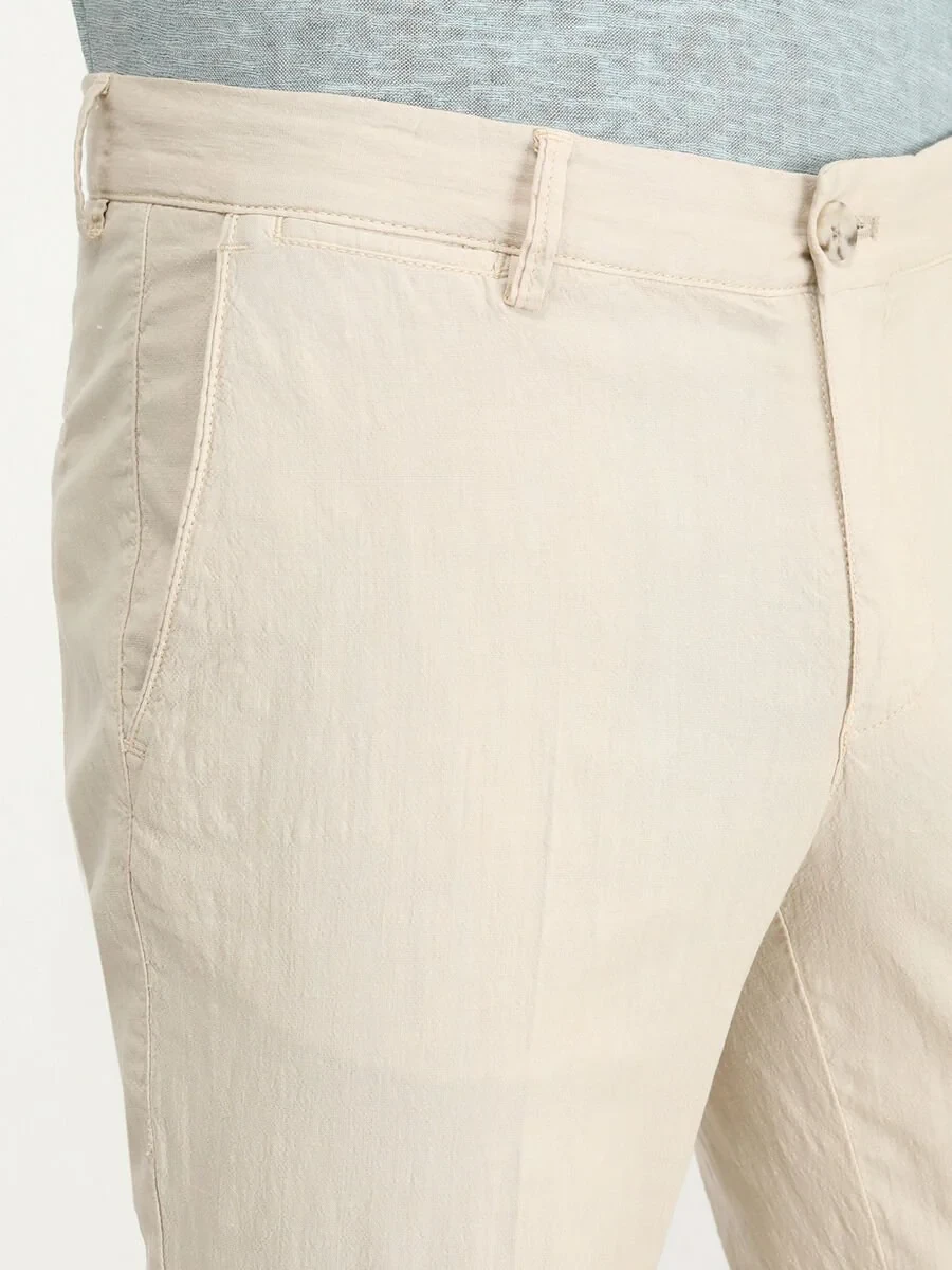 Beige Weaving Slim Fit Casual Cotton Blended Trousers - 3