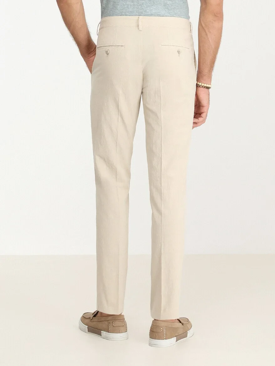 Beige Weaving Slim Fit Casual Cotton Blended Trousers - 4