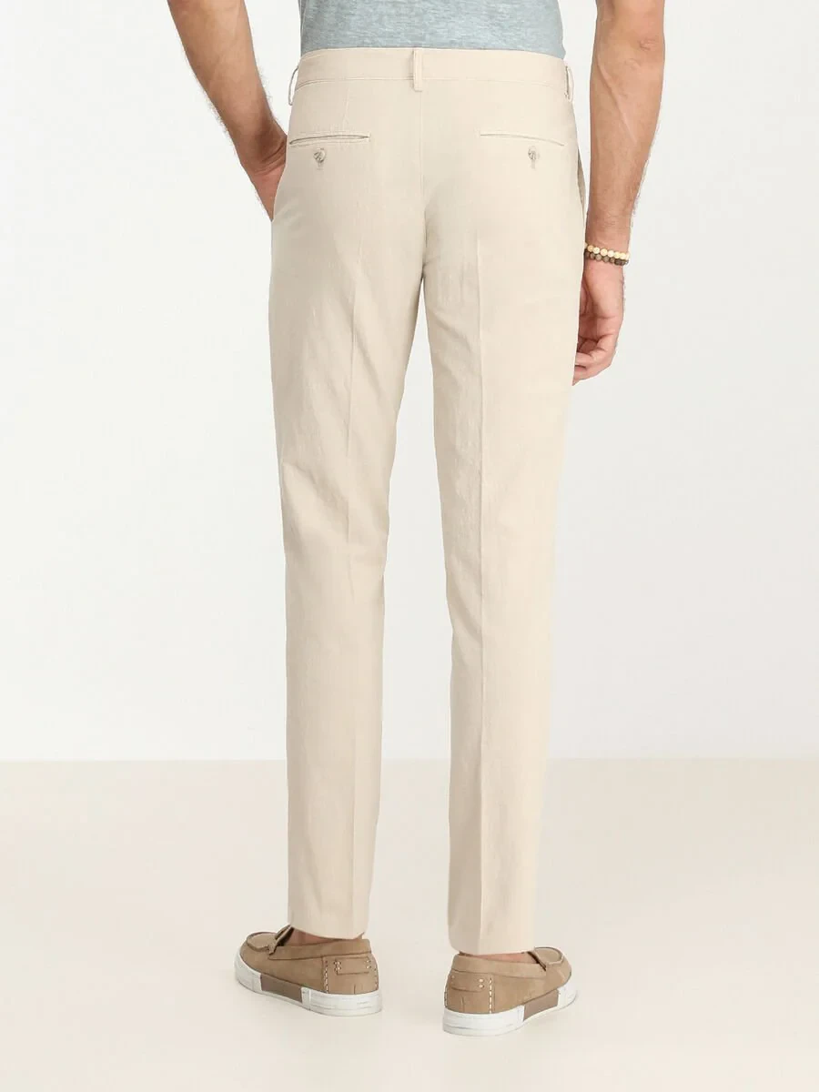 Beige Weaving Slim Fit Casual Cotton Blended Trousers - 4