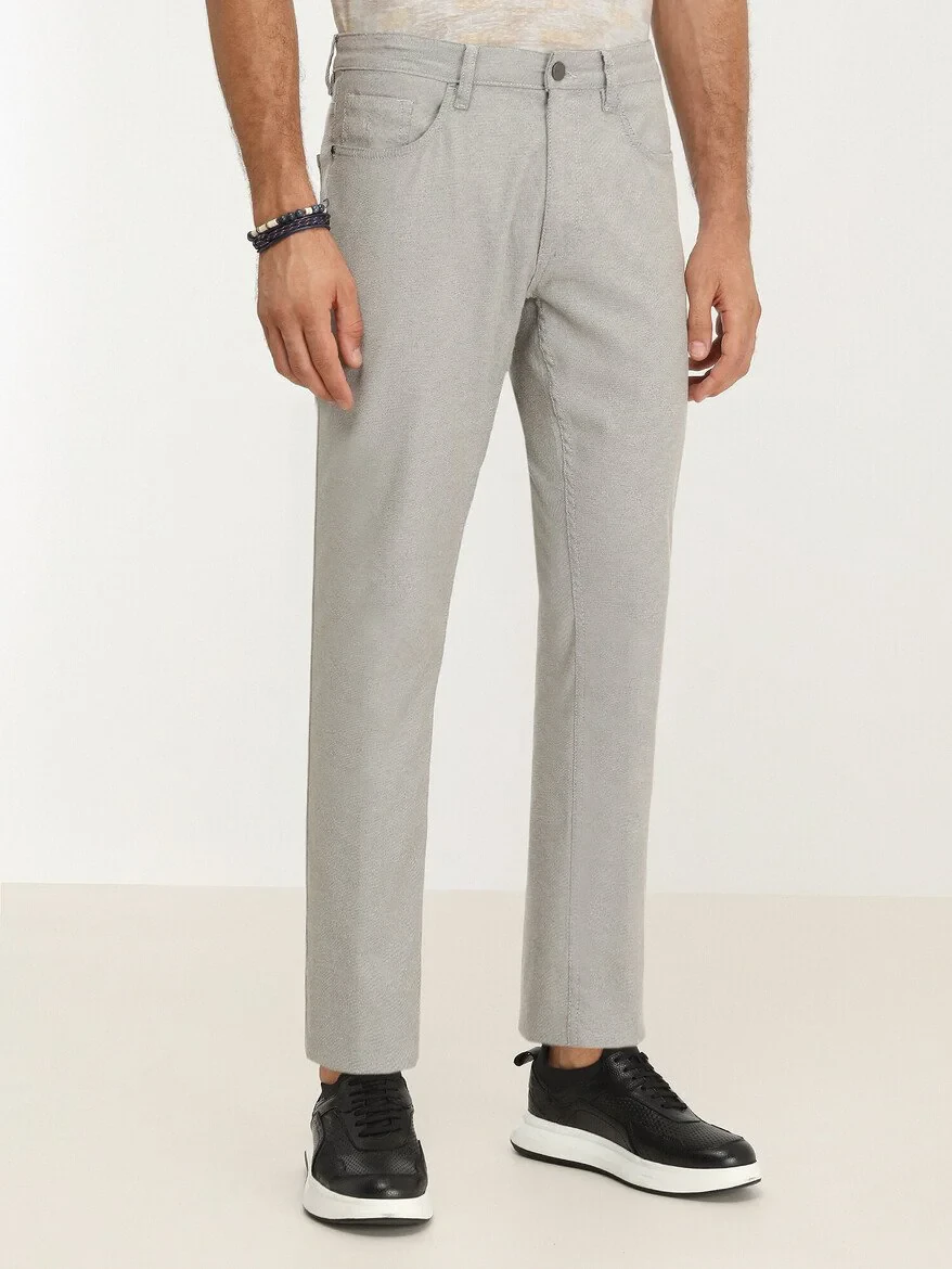 Beige Weaving Slim Fit Casual Cotton Blended Trousers - 1