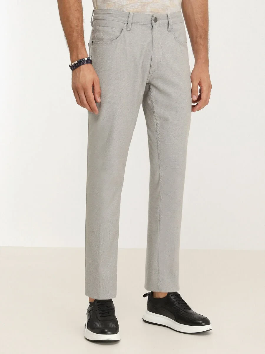 Beige Weaving Slim Fit Casual Cotton Blended Trousers - 1